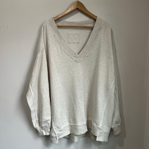 Aerie Vacay Every Day Oversized V Neck Sweater Beige Cozy Lounge Size M - Picture 2 of 9